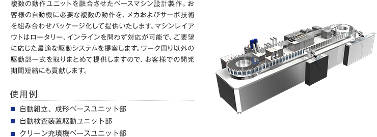 複数の動作ユニットを融合させたベースマシン設計製作。お客様の自動機に必要な複数の動作を、メカおよびサーボ技術を組み合わせパッケージ化して提供いたします。マシンレイアウトはロータリー、インラインを問わず対応が可能で、ご要望に応じた最適な駆動システムを提案します。ワーク周り以外の駆動部一式を取りまとめて提供しますので、お客様での開発期間短縮にも貢献します。【使用例】・自動組立、成形ベースユニット部・自動検査装置駆動ユニット部・クリーン充填機ベースユニット部